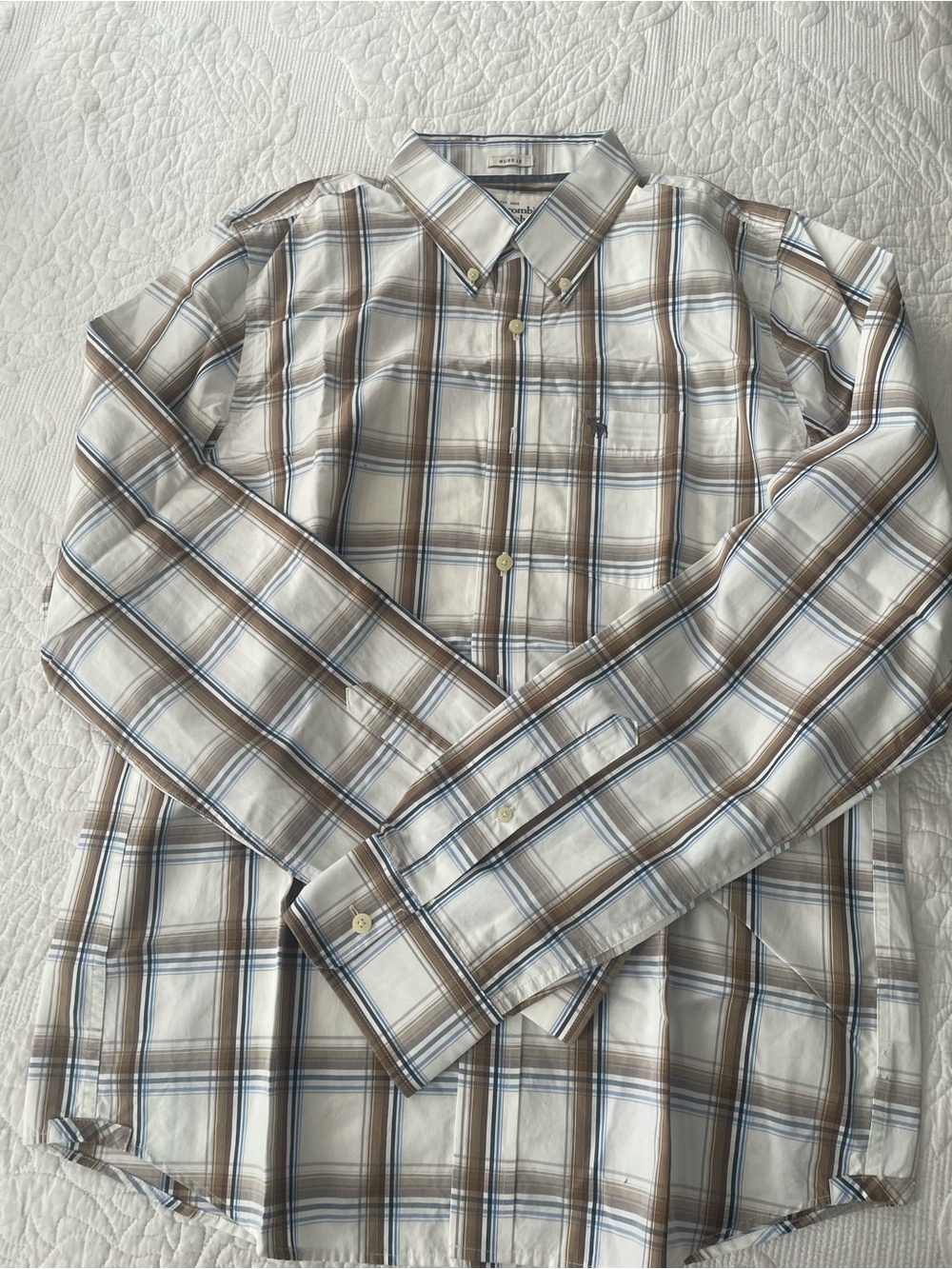 Abercrombie & Fitch White Plaid Shirt with Brown & Blue Stripes